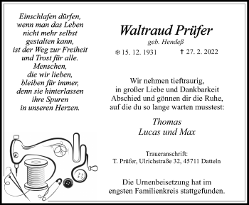 Traueranzeige von Waltraud Prüfer von Medienhaus Bauer
