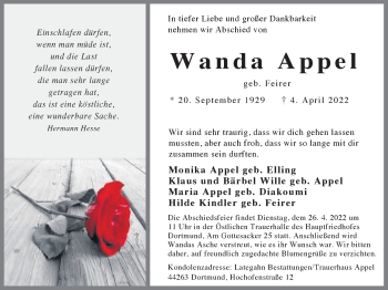 Traueranzeige von Wanda Appel 