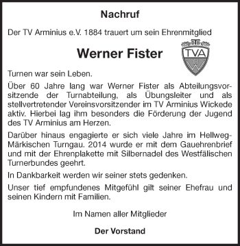 Traueranzeige von Werner Fister 