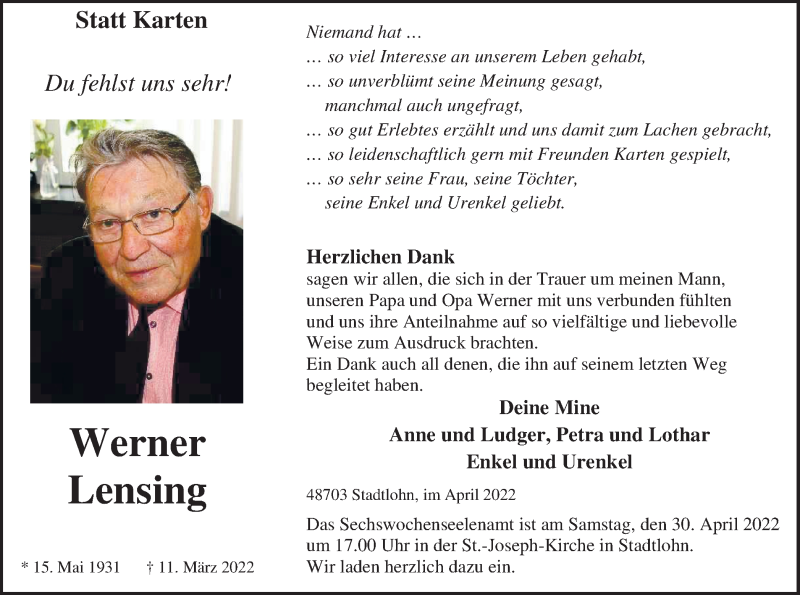  Traueranzeige für Werner Lensing vom 27.04.2022 aus Münstersche Zeitung und Münsterland Zeitung