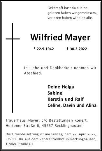 Traueranzeige von Wilfried Mayer von Medienhaus Bauer