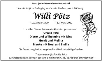 Traueranzeige von Willi Pötz von Medienhaus Bauer