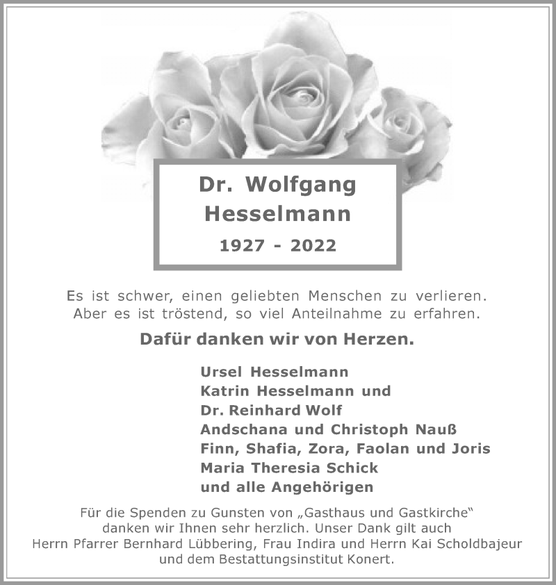  Traueranzeige für Wolfgang Hesselmann vom 30.04.2022 aus Medienhaus Bauer