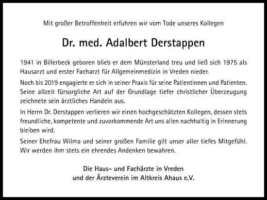Traueranzeige von Adalbert Derstappen von Münstersche Zeitung und Münsterland Zeitung