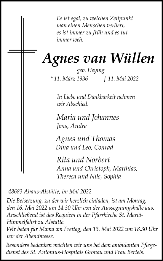 Traueranzeige von Agnes van Wüllen von Münstersche Zeitung und Münsterland Zeitung