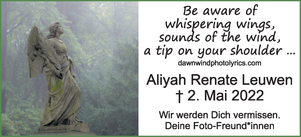  Traueranzeige für Aliyah Renate Leuwen vom 14.05.2022 aus Hellweger Anzeiger