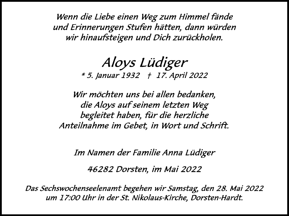  Traueranzeige für Aloys Lüdiger vom 25.05.2022 aus Ruhr Nachrichten und Dorstener Zeitung