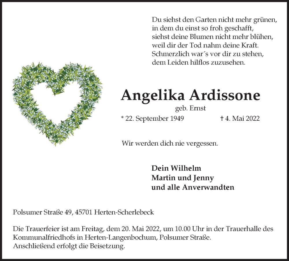  Traueranzeige für Angelika Ardissone vom 13.05.2022 aus Medienhaus Bauer