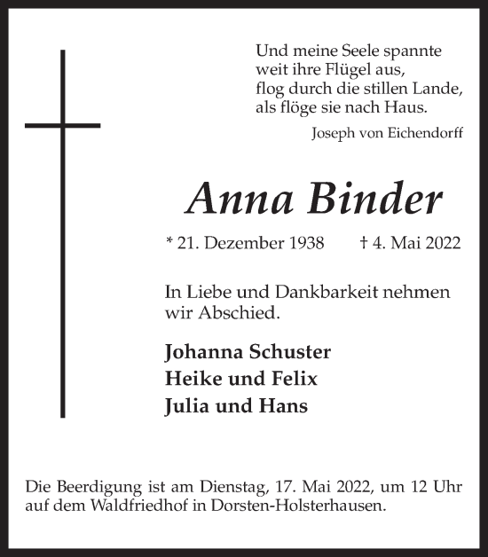 Traueranzeige von Anna Binder von Ruhr Nachrichten und Dorstener Zeitung