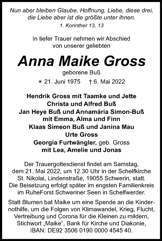Traueranzeige von Anna Maike Gross von Hellweger Anzeiger