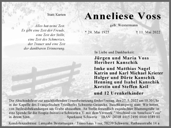 Traueranzeige von Anneliese Voss von Ruhr Nachrichten