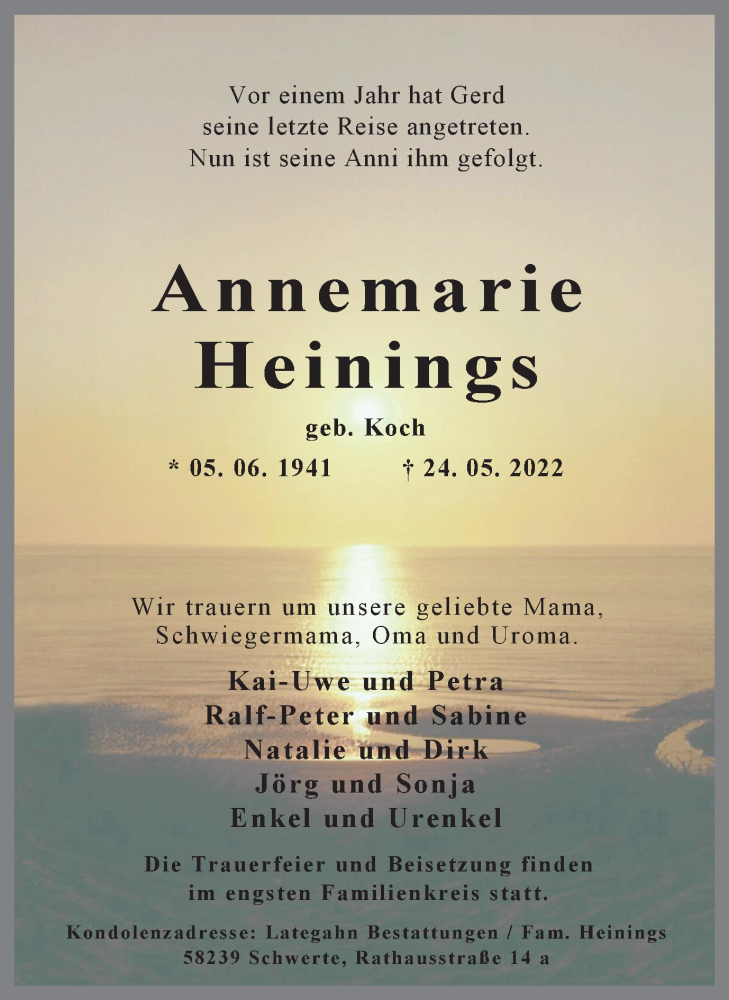  Traueranzeige für Annemarie Heinings vom 28.05.2022 aus Ruhr Nachrichten