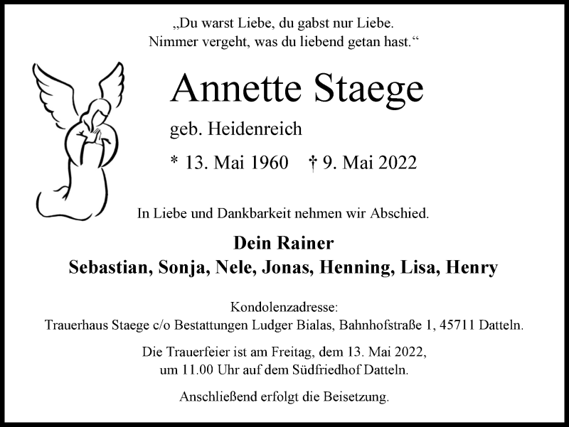 Traueranzeige für Annette Staege vom 11.05.2022 aus Medienhaus Bauer