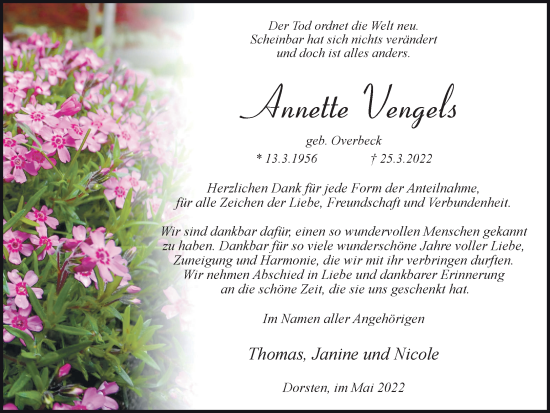 Traueranzeige von Annette Vengels von Ruhr Nachrichten und Dorstener Zeitung