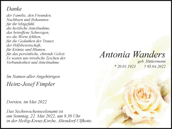 Traueranzeige von Antonia Wanders von Ruhr Nachrichten und Dorstener Zeitung