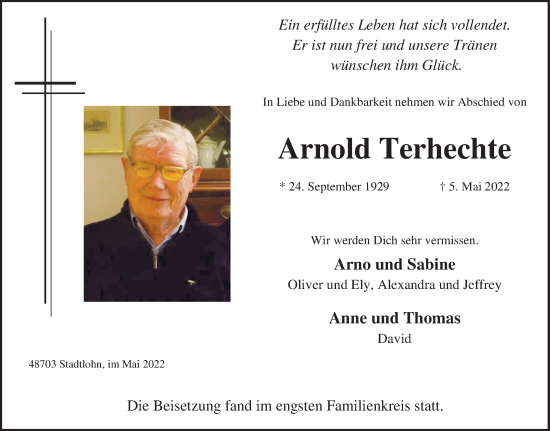Traueranzeige von Arnold Terhechte von Münstersche Zeitung und Münsterland Zeitung