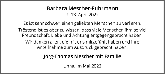 Traueranzeige von Barbara Mescher-Fuhrmann von Hellweger Anzeiger