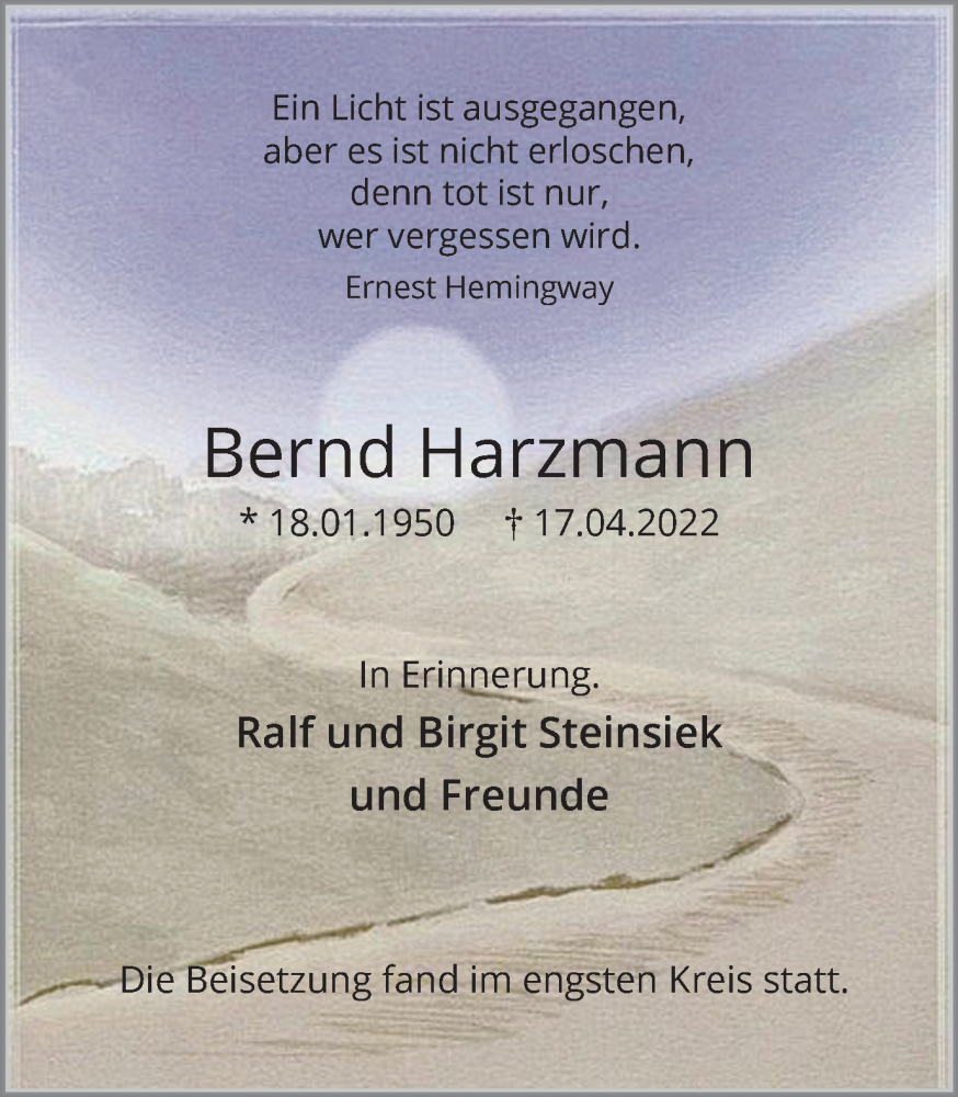  Traueranzeige für Bernd Harzmann vom 05.05.2022 aus Hellweger Anzeiger
