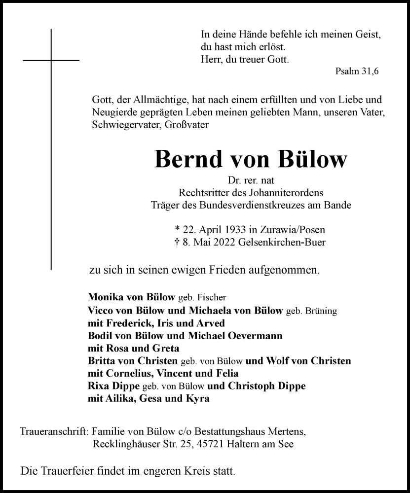  Traueranzeige für Bernd von Bülow vom 11.05.2022 aus Ruhr Nachrichten und Halterner Zeitung