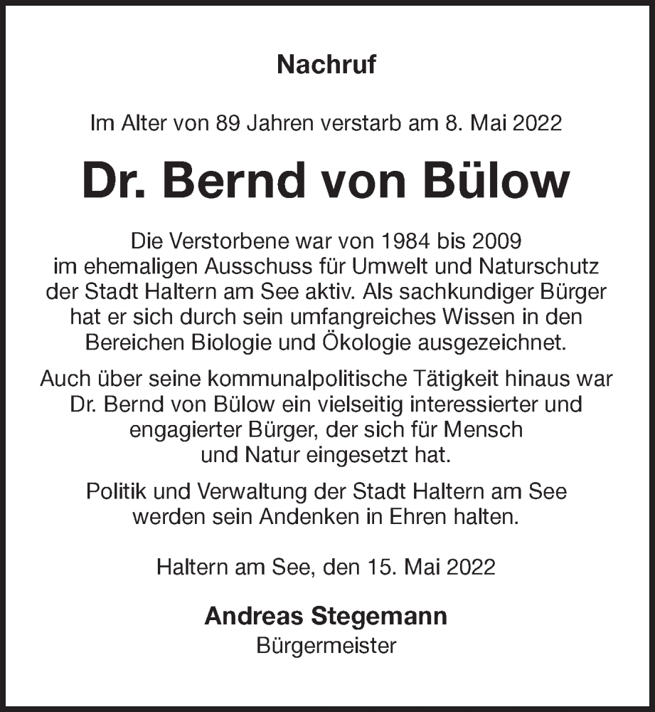  Traueranzeige für Bernd von Bülow vom 13.05.2022 aus Ruhr Nachrichten und Halterner Zeitung