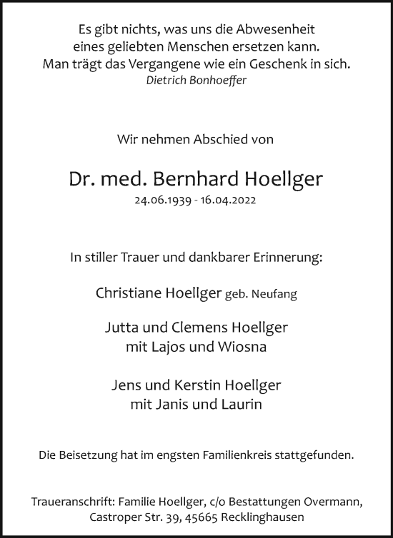 Traueranzeige von Bernhard Hoellger von Medienhaus Bauer