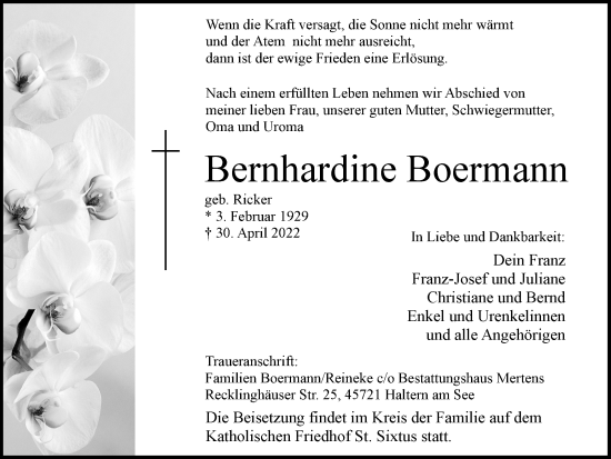 Traueranzeige von Bernhardine Boermann von Ruhr Nachrichten und Halterner Zeitung
