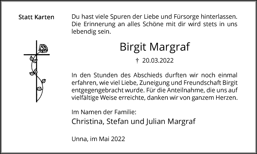  Traueranzeige für Birgit Margraf vom 14.05.2022 aus Hellweger Anzeiger