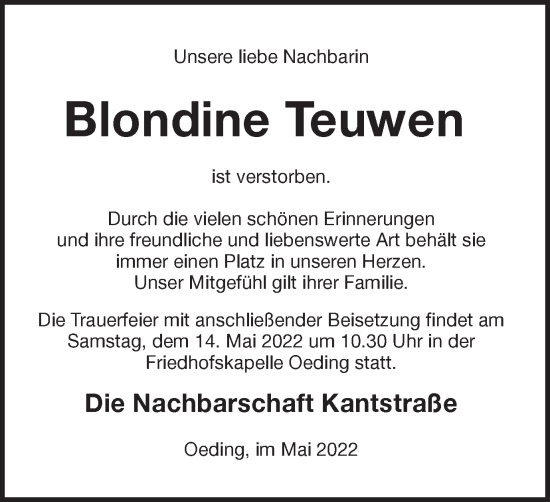 Traueranzeige von Blondine Teuwen von Münstersche Zeitung und Münsterland Zeitung