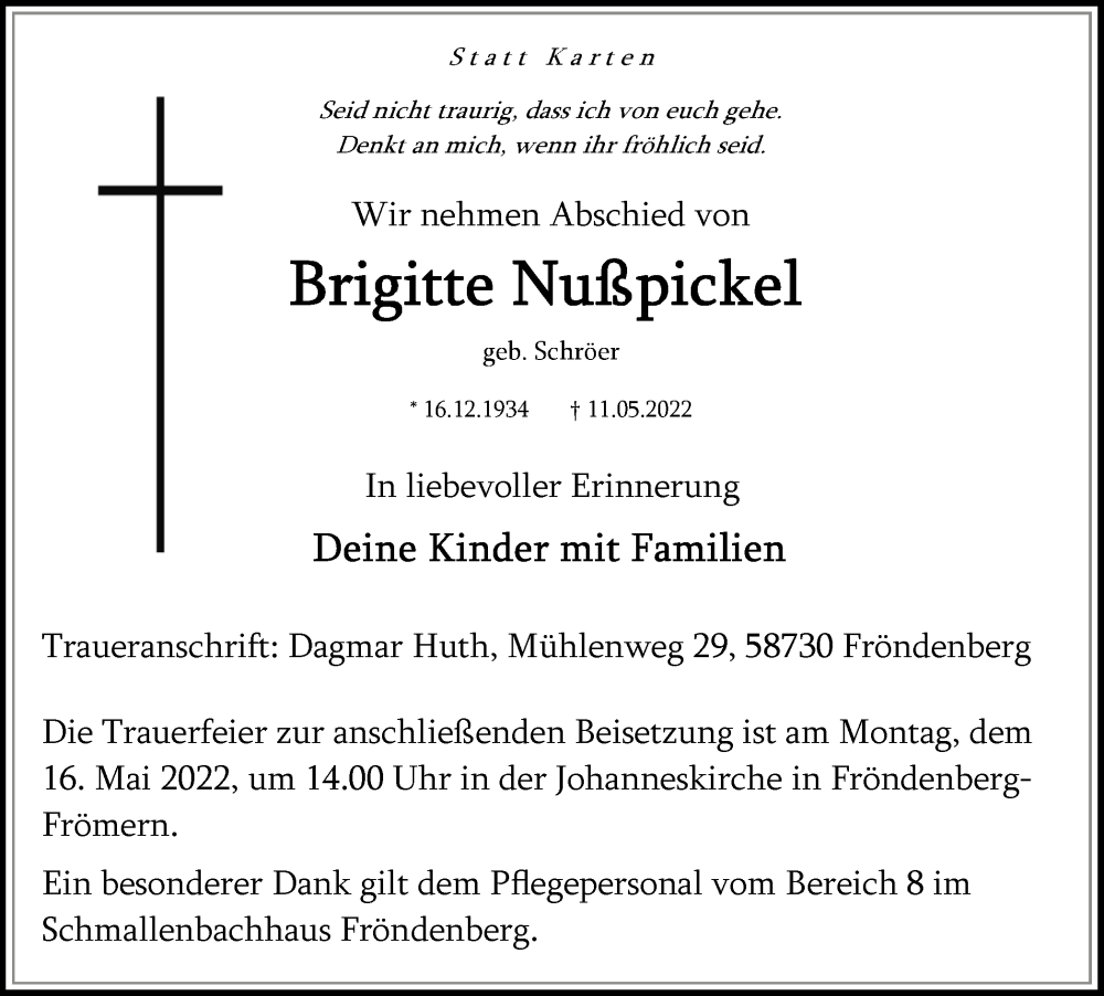  Traueranzeige für Brigitte Abschied vom 14.05.2022 aus Hellweger Anzeiger
