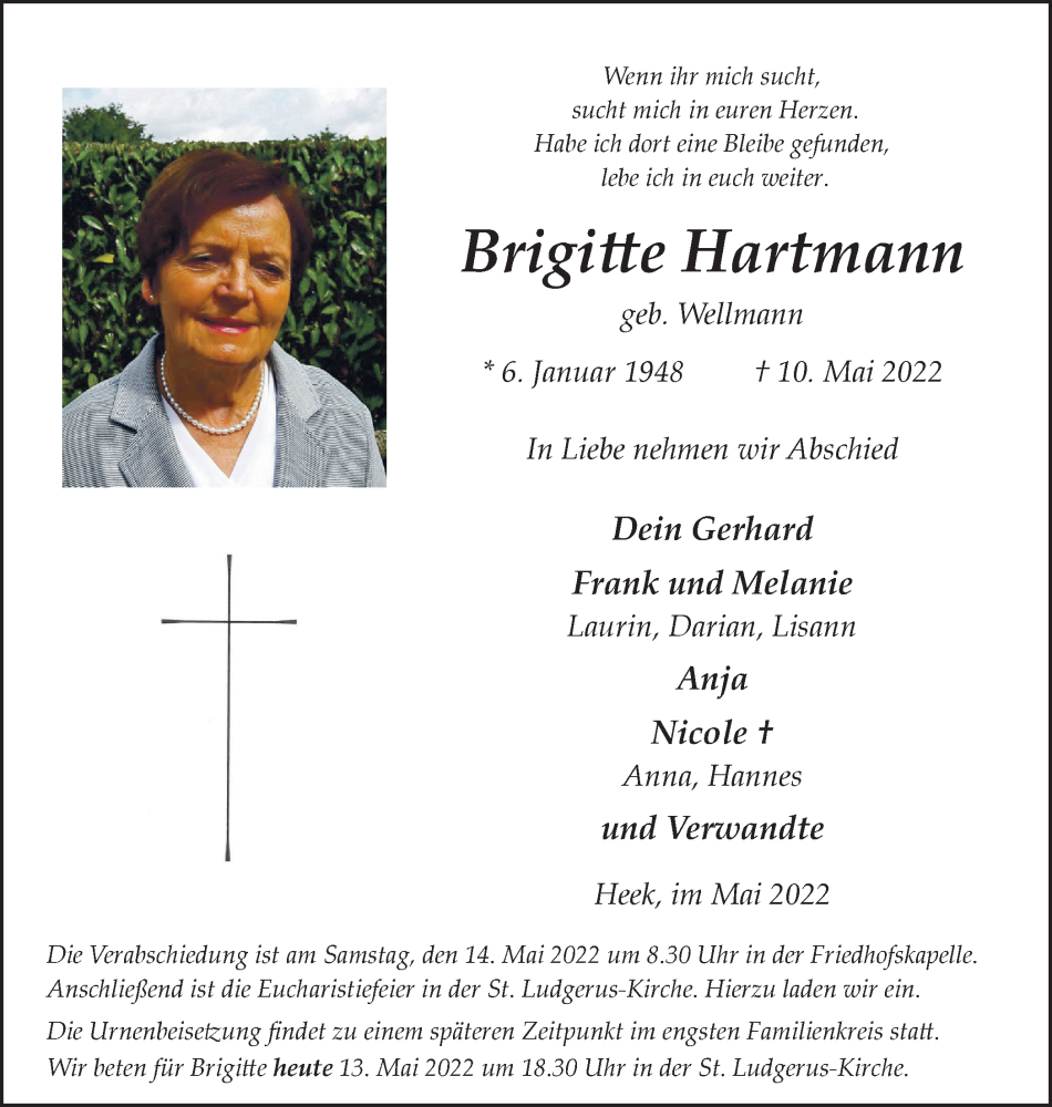  Traueranzeige für Brigitte Hartmann vom 13.05.2022 aus Münstersche Zeitung und Münsterland Zeitung