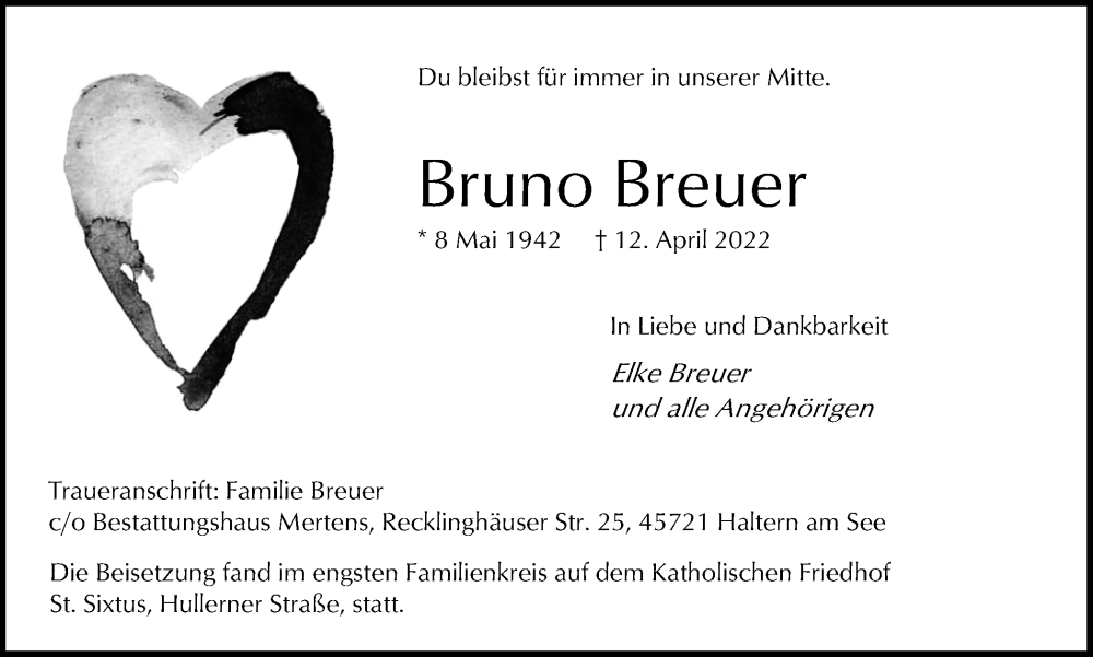 Traueranzeige für Bruno Breuer vom 07.05.2022 aus Ruhr Nachrichten und Halterner Zeitung