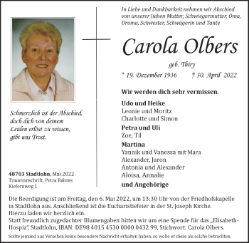 Traueranzeige von Carola Olbers von Münstersche Zeitung und Münsterland Zeitung