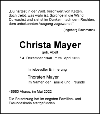 Traueranzeige von Christa Mayer von Münstersche Zeitung und Münsterland Zeitung