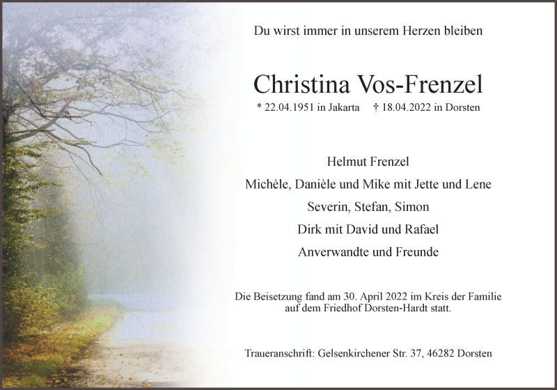  Traueranzeige für Christina Vos-Frenzel vom 02.05.2022 aus Ruhr Nachrichten und Dorstener Zeitung