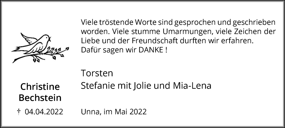 Traueranzeige für Christine Bechstein vom 14.05.2022 aus Hellweger Anzeiger