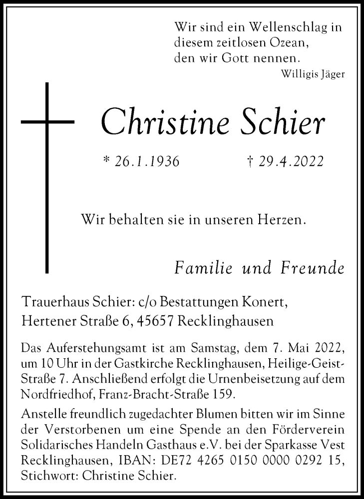  Traueranzeige für Christine Schier vom 04.05.2022 aus Medienhaus Bauer
