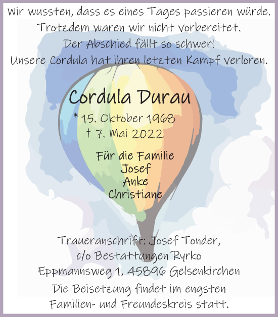 Traueranzeige von Cordula Durau von Ruhr Nachrichten und Dorstener Zeitung