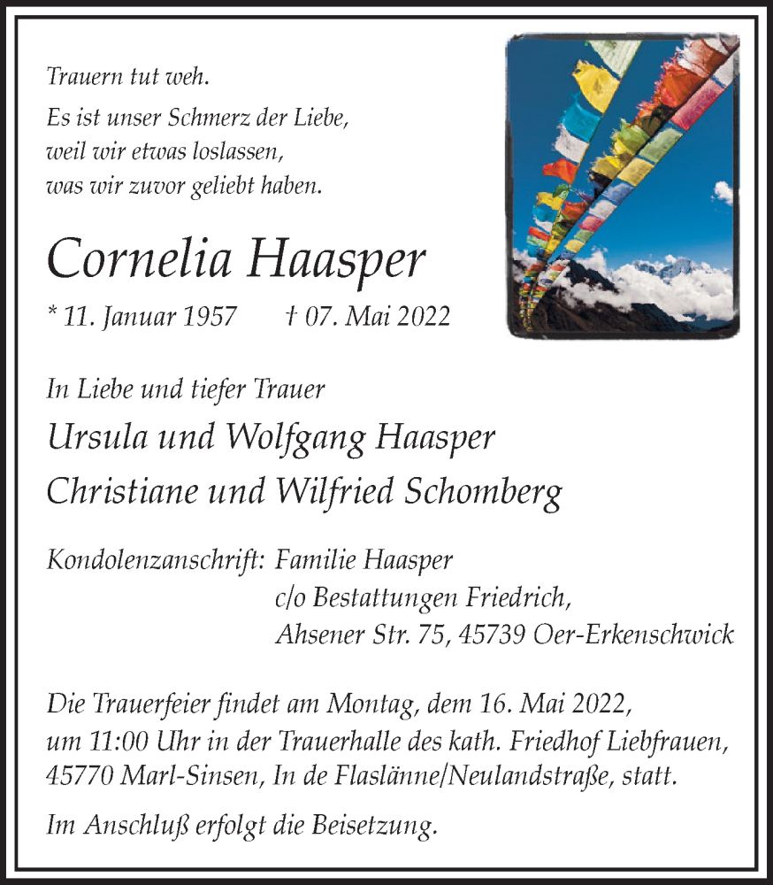  Traueranzeige für Cornelia Haasper vom 14.05.2022 aus Ruhr Nachrichten und Dorstener Zeitung