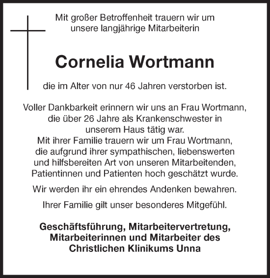 Traueranzeige von Cornelia Wortmann von Hellweger Anzeiger