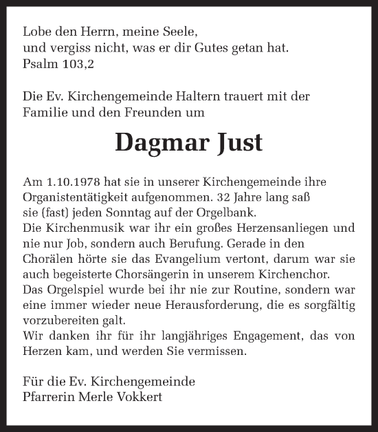 Traueranzeige von Dagmar Just von Ruhr Nachrichten und Halterner Zeitung