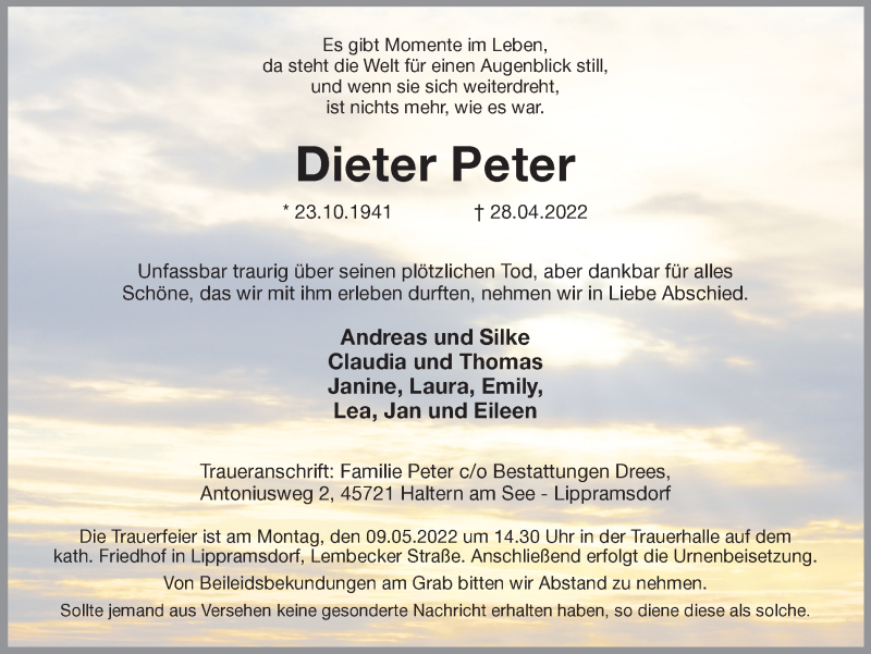  Traueranzeige für Dieter Peter vom 03.05.2022 aus Ruhr Nachrichten und Halterner Zeitung