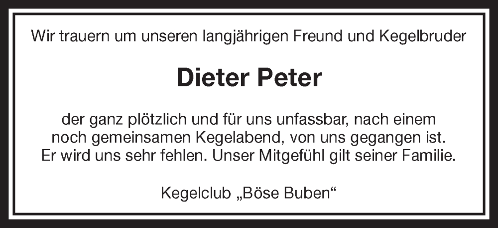  Traueranzeige für Dieter Peter vom 06.05.2022 aus Ruhr Nachrichten und Halterner Zeitung
