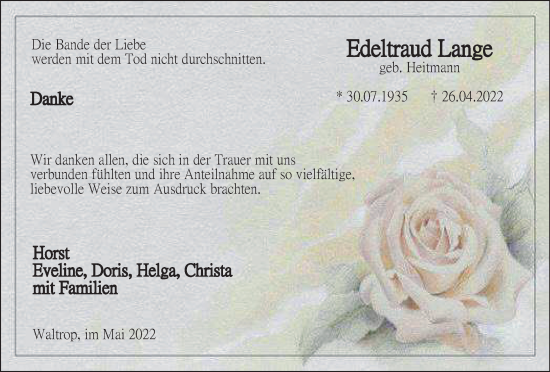 Traueranzeige von Edeltraud Lange von Medienhaus Bauer