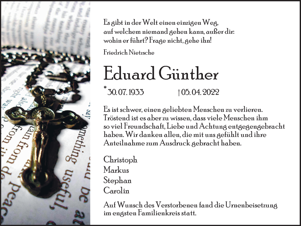  Traueranzeige für Eduard Günther vom 07.05.2022 aus Ruhr Nachrichten und Dorstener Zeitung