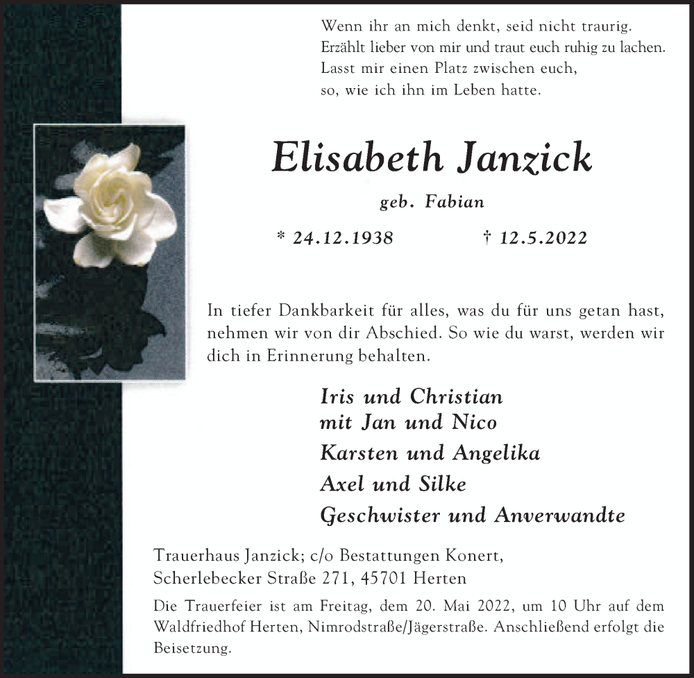  Traueranzeige für Elisabeth Janzick vom 14.05.2022 aus Medienhaus Bauer