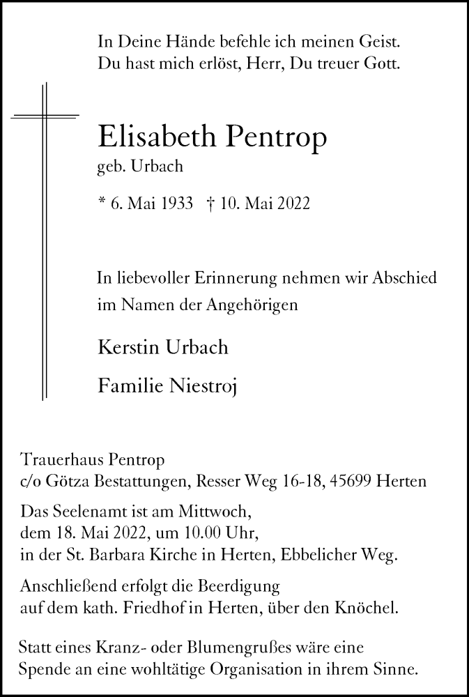  Traueranzeige für Elisabeth Pentrop vom 14.05.2022 aus Medienhaus Bauer