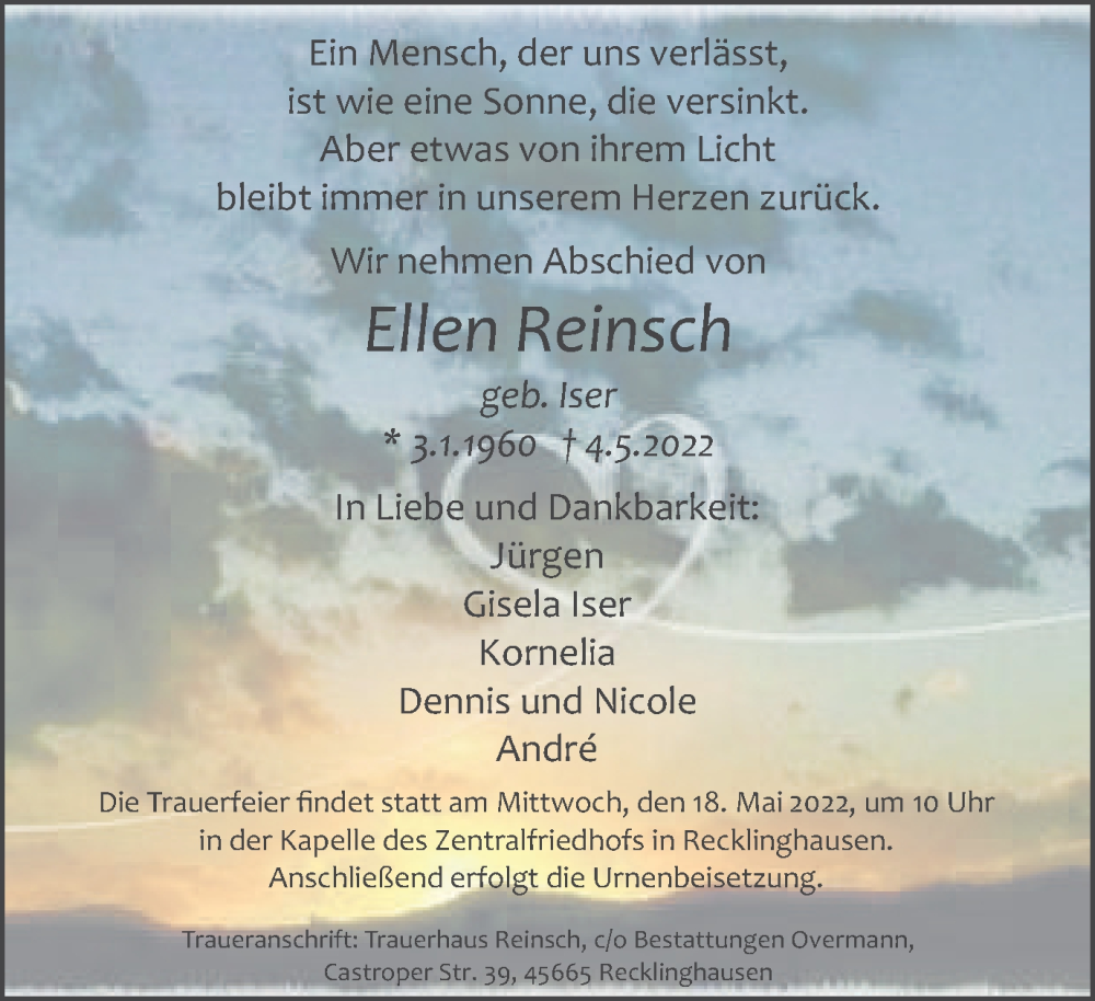  Traueranzeige für Ellen Reinsch vom 14.05.2022 aus Medienhaus Bauer