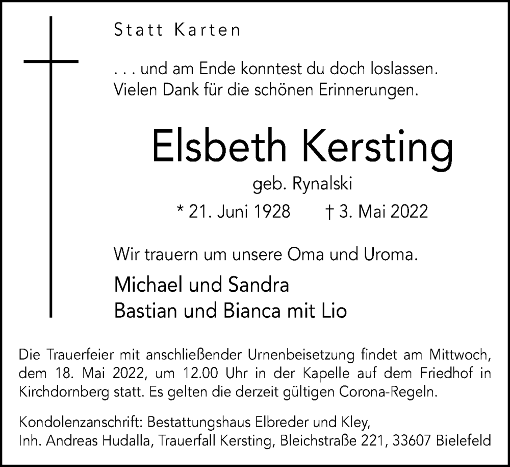  Traueranzeige für Elsbeth Kersting vom 14.05.2022 aus Medienhaus Bauer