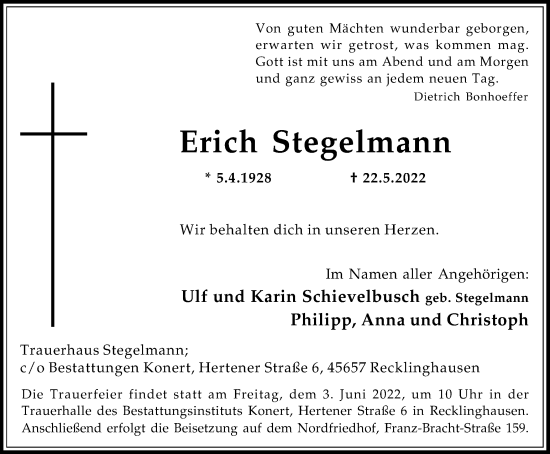 Traueranzeige von Erich Stegelmann von Medienhaus Bauer