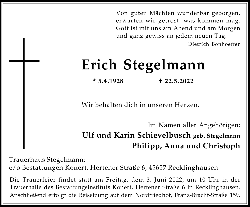 Traueranzeige für Erich Stegelmann vom 28.05.2022 aus Medienhaus Bauer